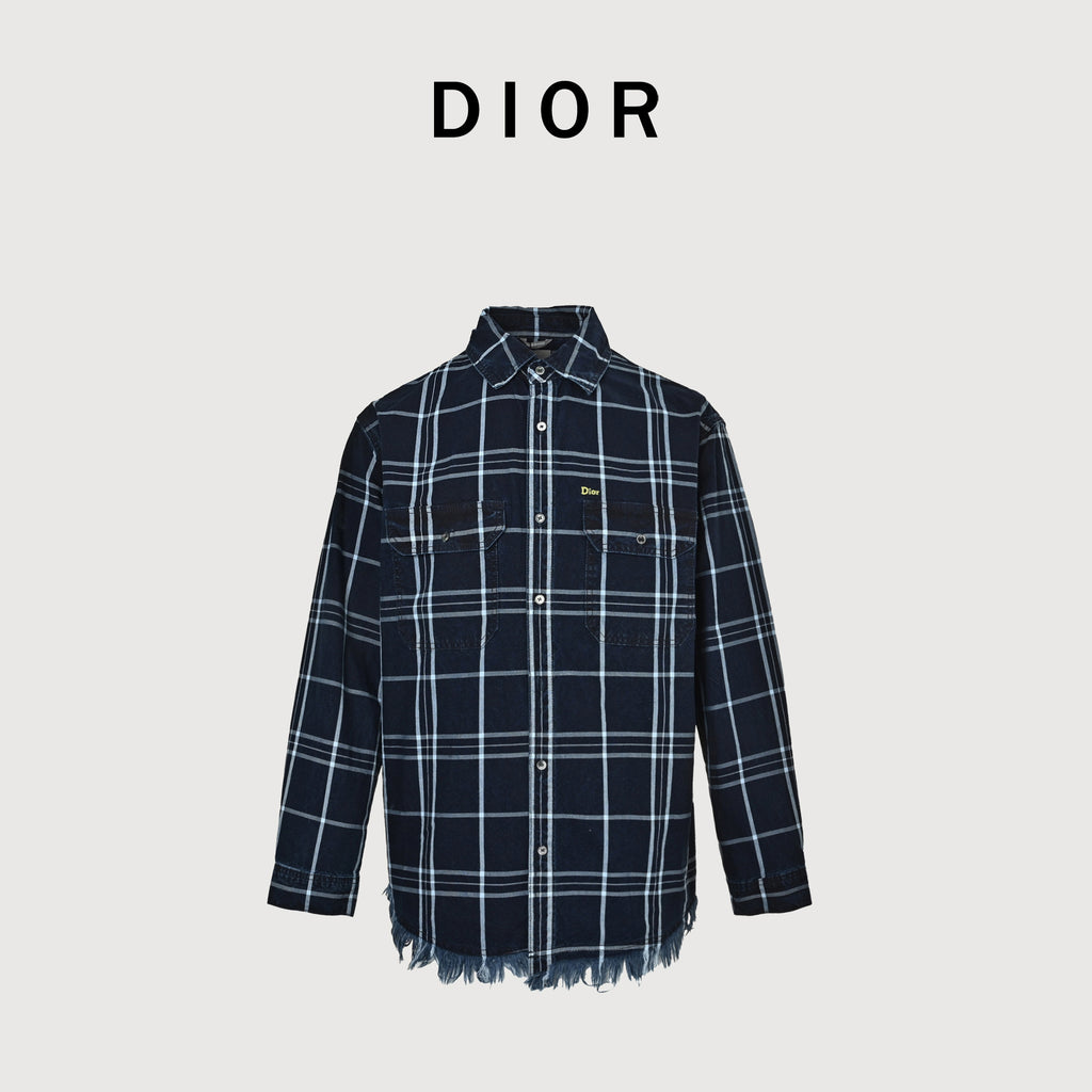 Dior FW26 Embroidered Fringe-Hem Plaid Oxford Shirt – Navy 693D592A3089-C580