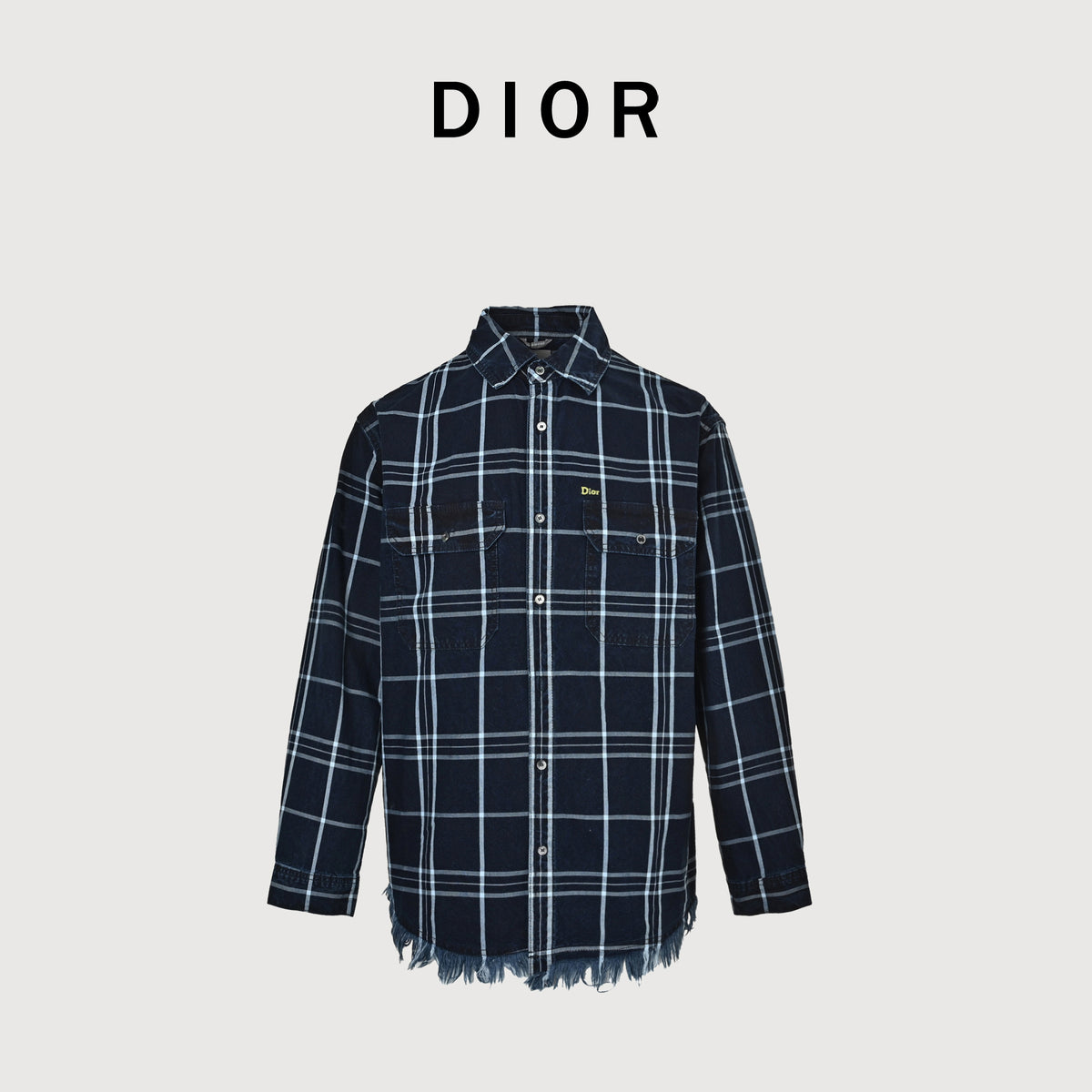 Dior FW26 Embroidered Fringe-Hem Plaid Oxford Shirt – Navy 693D592A3089-C580