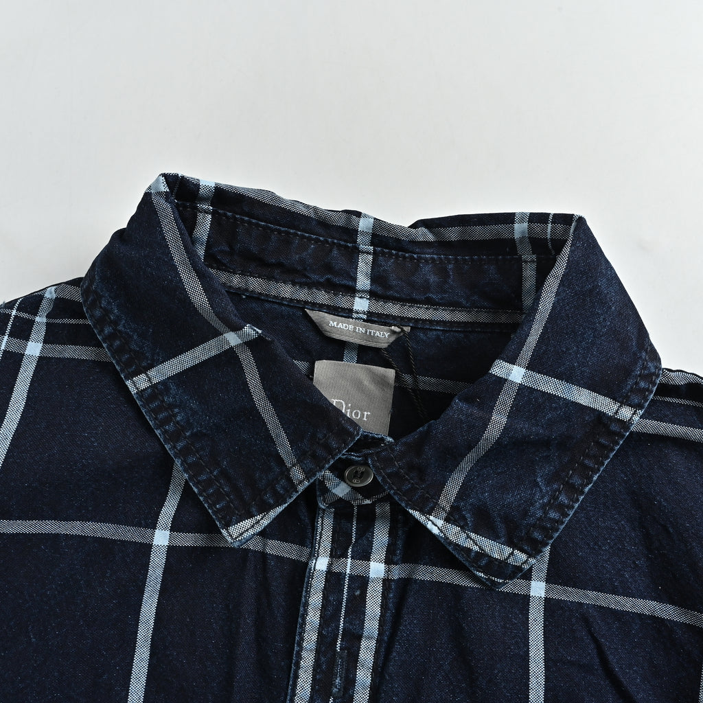 Dior FW26 Embroidered Fringe-Hem Plaid Oxford Shirt – Navy 693D592A3089-C580