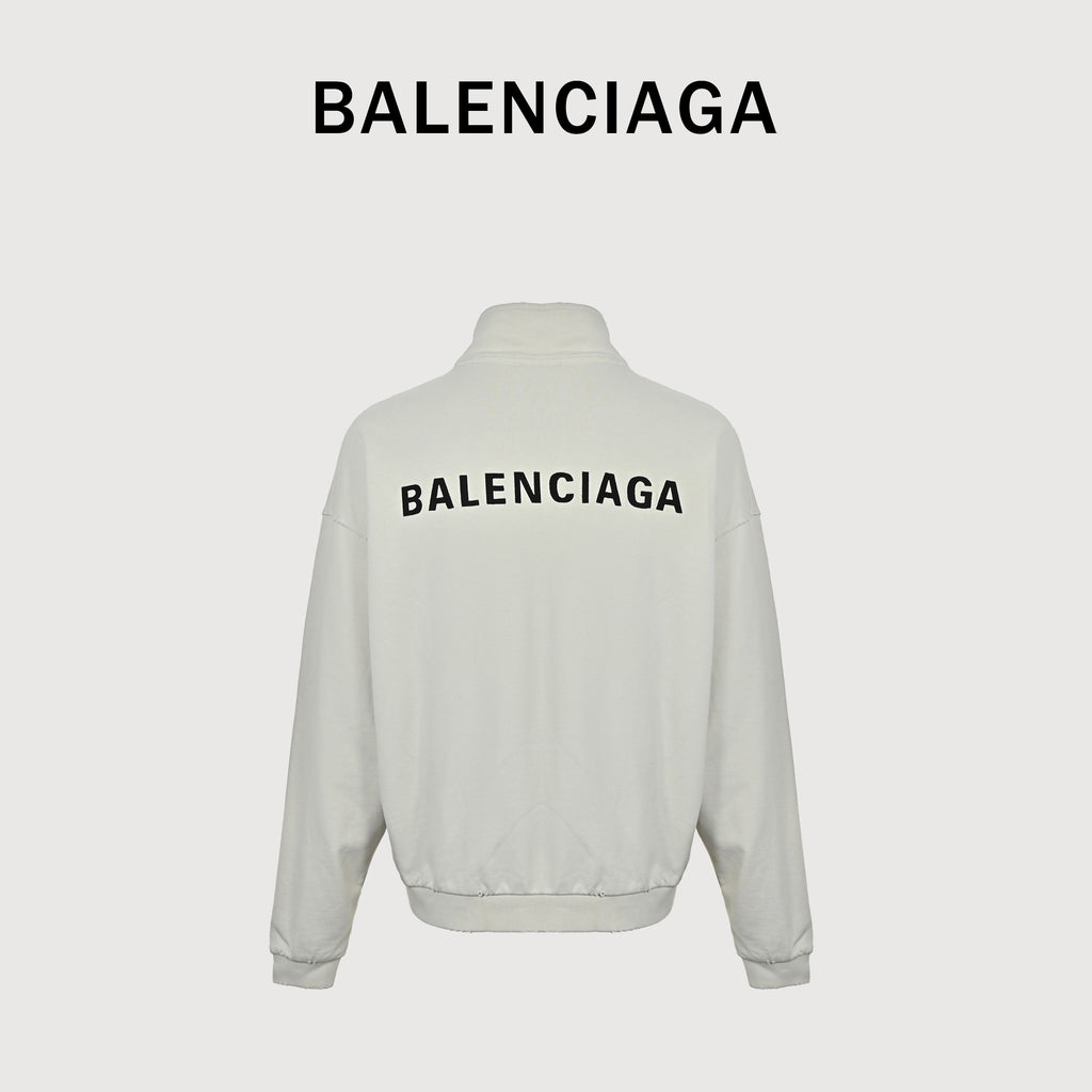 Balenciaga SS26 BLCG Front-Back Embroidered Stand-Collar Zip Jacket – Stone – Men’s 844162TSVP19012