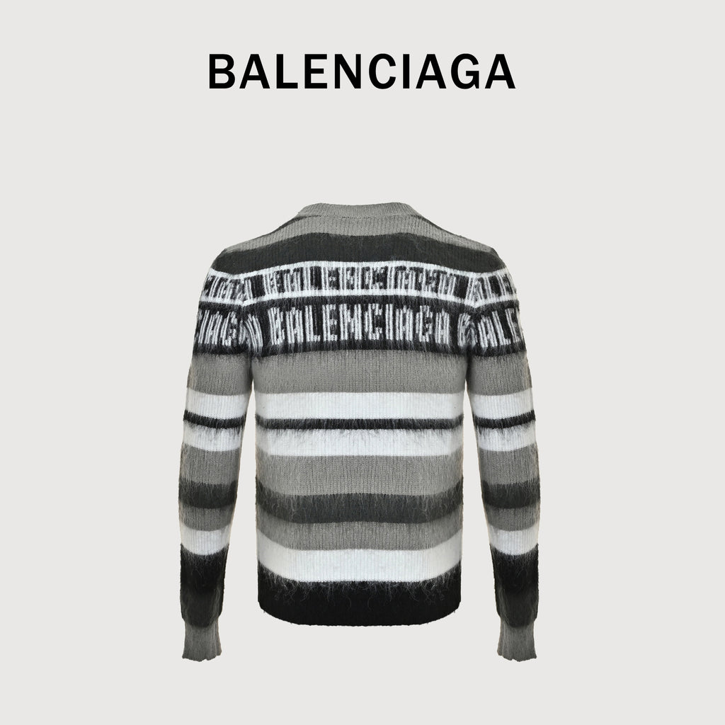 Balenciaga FW26 BLCG Letter-Stripe Mohair-Blend Crewneck Sweater – Grey Multi A0093IT18121581