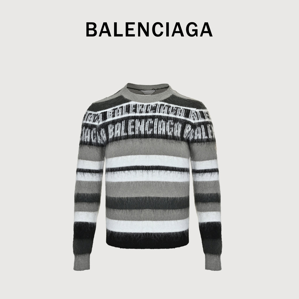 Balenciaga FW26 BLCG Letter-Stripe Mohair-Blend Crewneck Sweater – Grey Multi A0093IT18121581