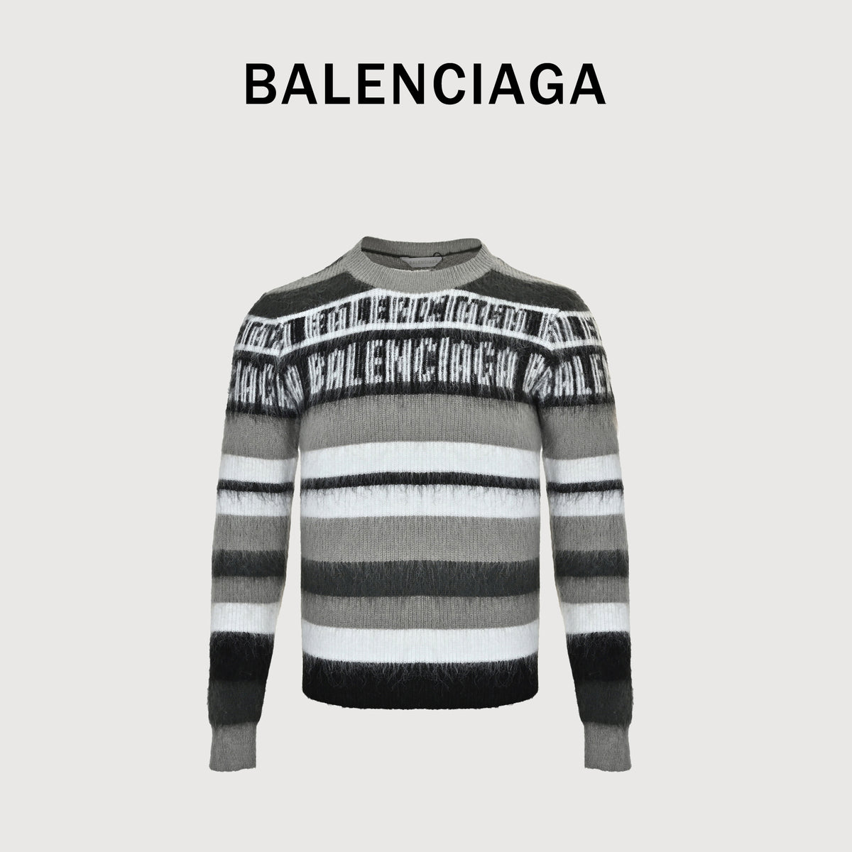 Balenciaga FW26 BLCG Letter-Stripe Mohair-Blend Crewneck Sweater – Grey Multi A0093IT18121581