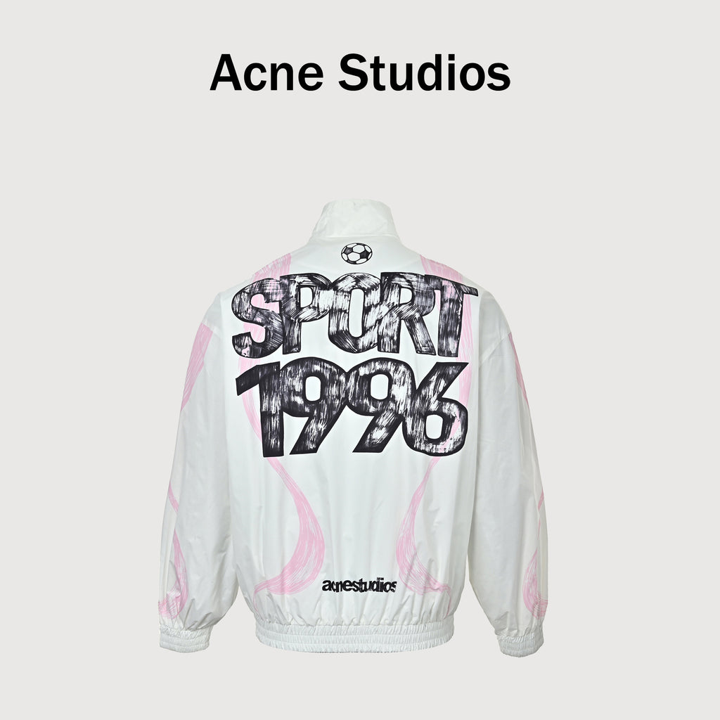 Acne Studios SS26 Football Capsule Butterfly Bow-Logo Graffiti Stand-Collar Zip Jacket – White/Pink – Men’s B90914-183