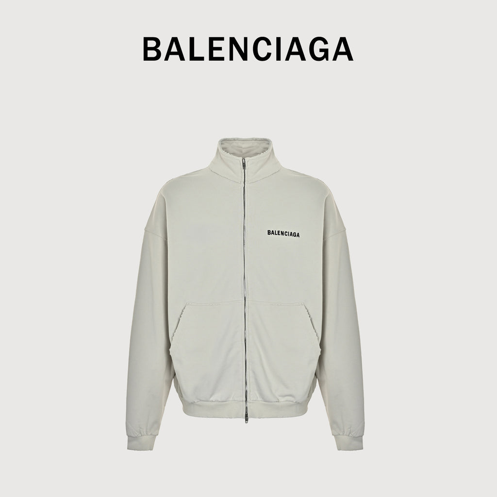 Balenciaga SS26 BLCG Front-Back Embroidered Stand-Collar Zip Jacket – Stone – Men’s 844162TSVP19012