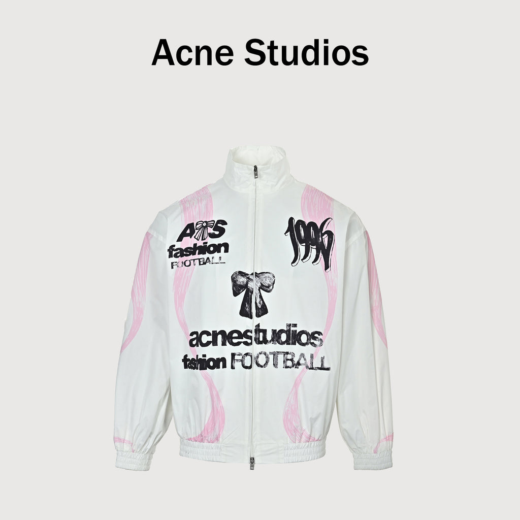 Acne Studios SS26 Football Capsule Butterfly Bow-Logo Graffiti Stand-Collar Zip Jacket – White/Pink – Men’s B90914-183