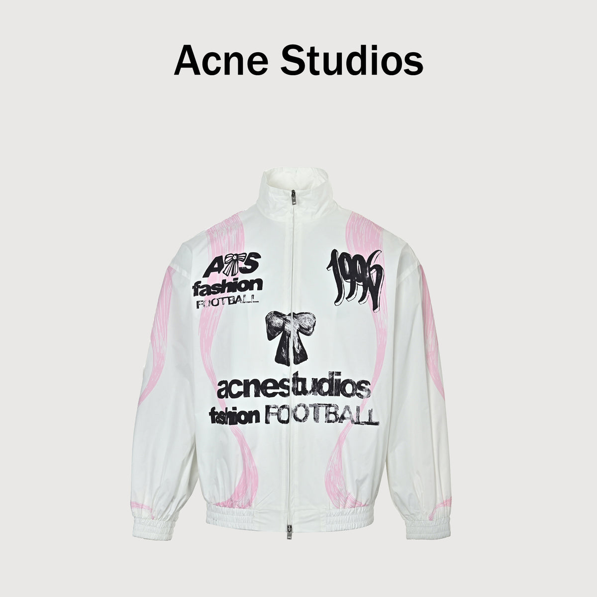 Acne Studios SS26 Football Capsule Butterfly Bow-Logo Graffiti Stand-Collar Zip Jacket – White/Pink – Men’s B90914-183