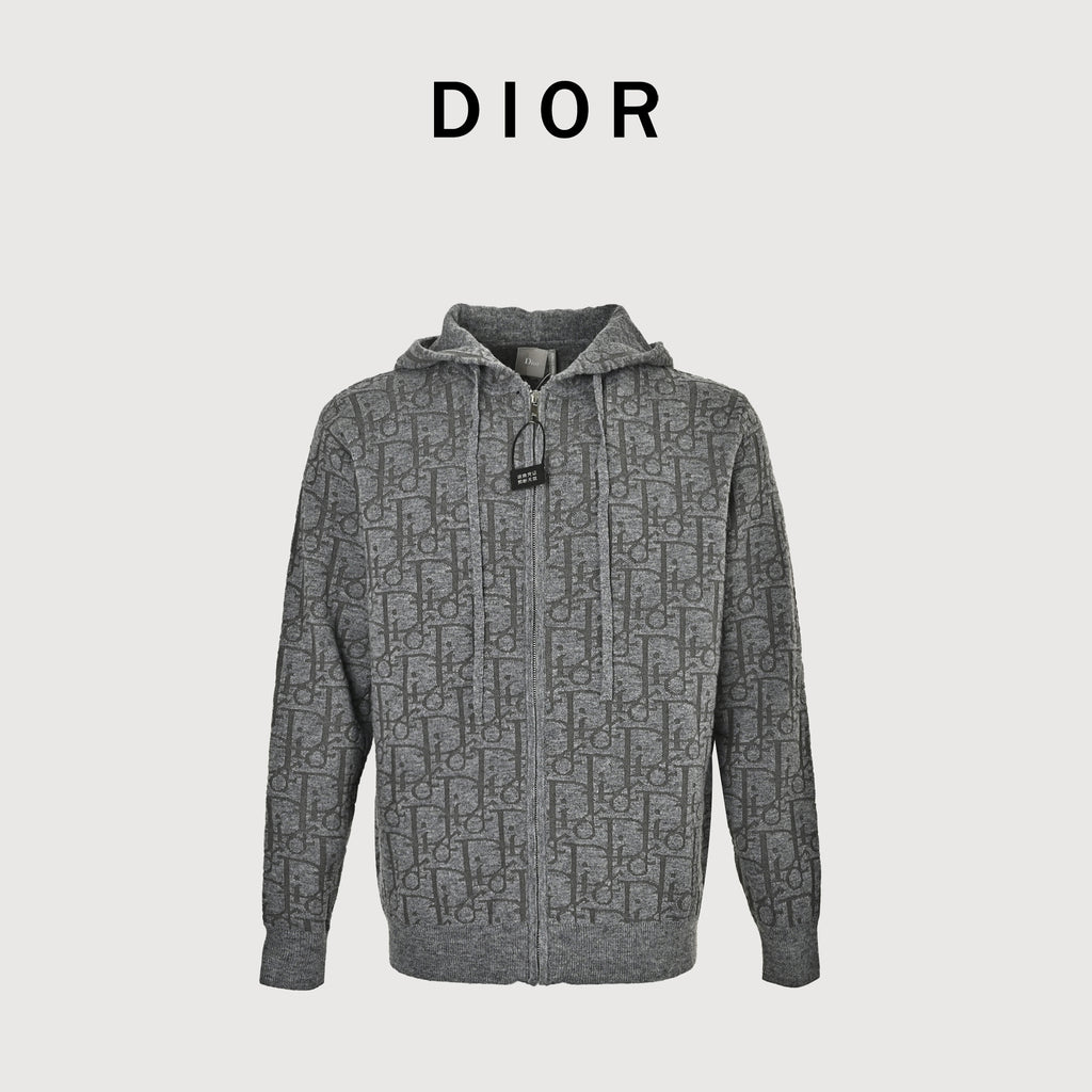 Dior 26SS Oblique Full-Coverage Jacquard Knit Zip Hoodie – Grey – Unisex 624G28A2E37-X8330