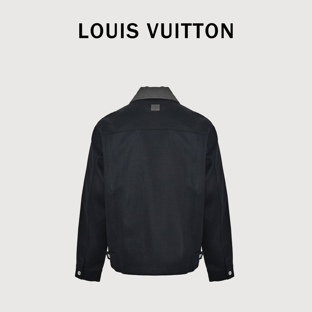 Louis Vuitton FW26 Damier Leather-Pocket Linen-Blend Slub-Weave Zip Jacket – Black 1AK6G3
