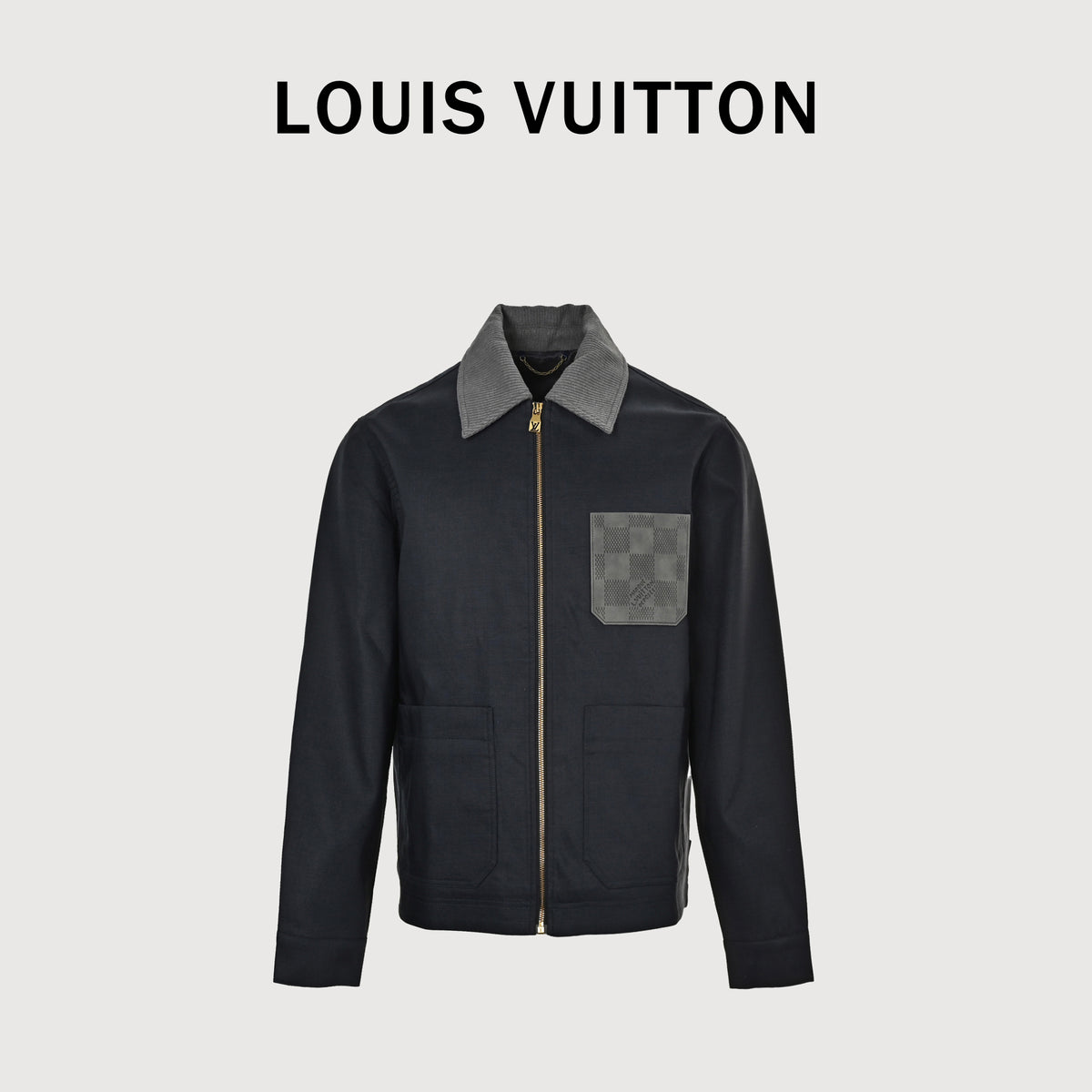Louis Vuitton FW26 Damier Leather-Pocket Linen-Blend Slub-Weave Zip Jacket – Black 1AK6G3