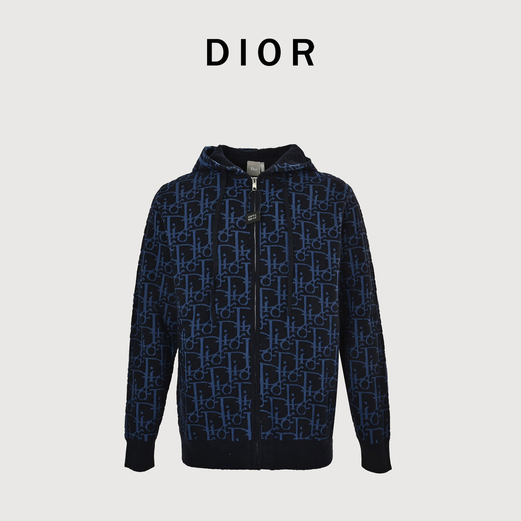 Dior 26SS Oblique Full-Coverage Jacquard Knit Zip Hoodie – Navy Blue – Unisex624G28A2E37-X5790