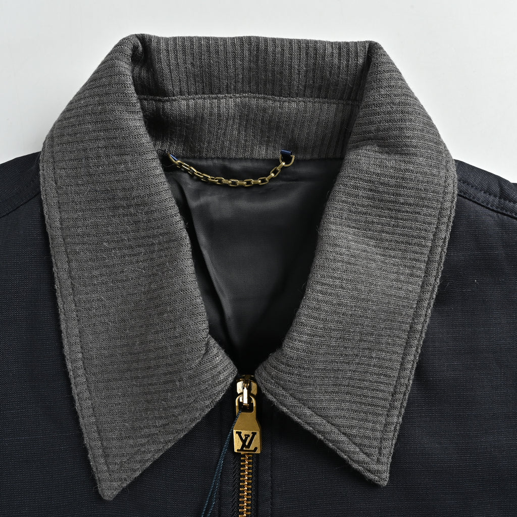 Louis Vuitton FW26 Damier Leather-Pocket Linen-Blend Slub-Weave Zip Jacket – Black 1AK6G3