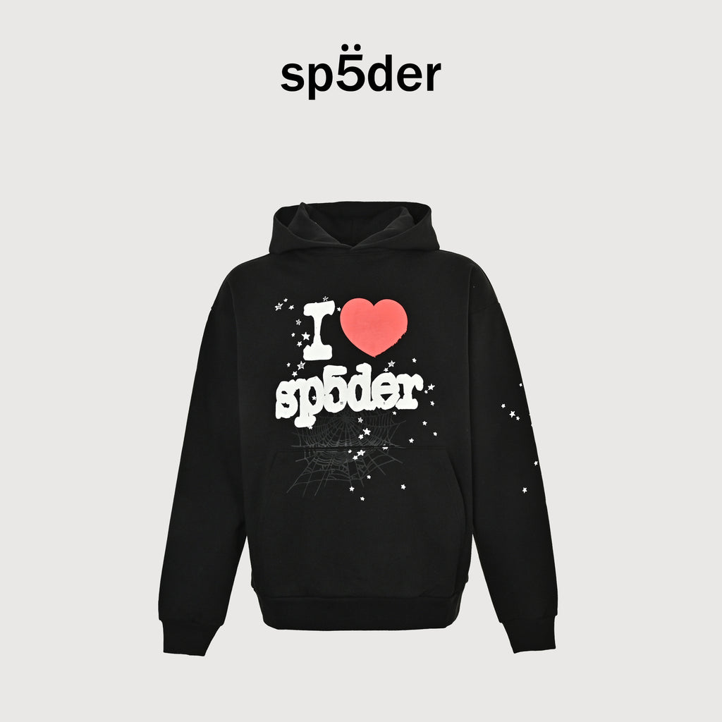 SP5DER Spider-Web ‘I ♥ Sp5der’ Puff Print Hoodie – Black – Unisex SP5LOVEBLKHD