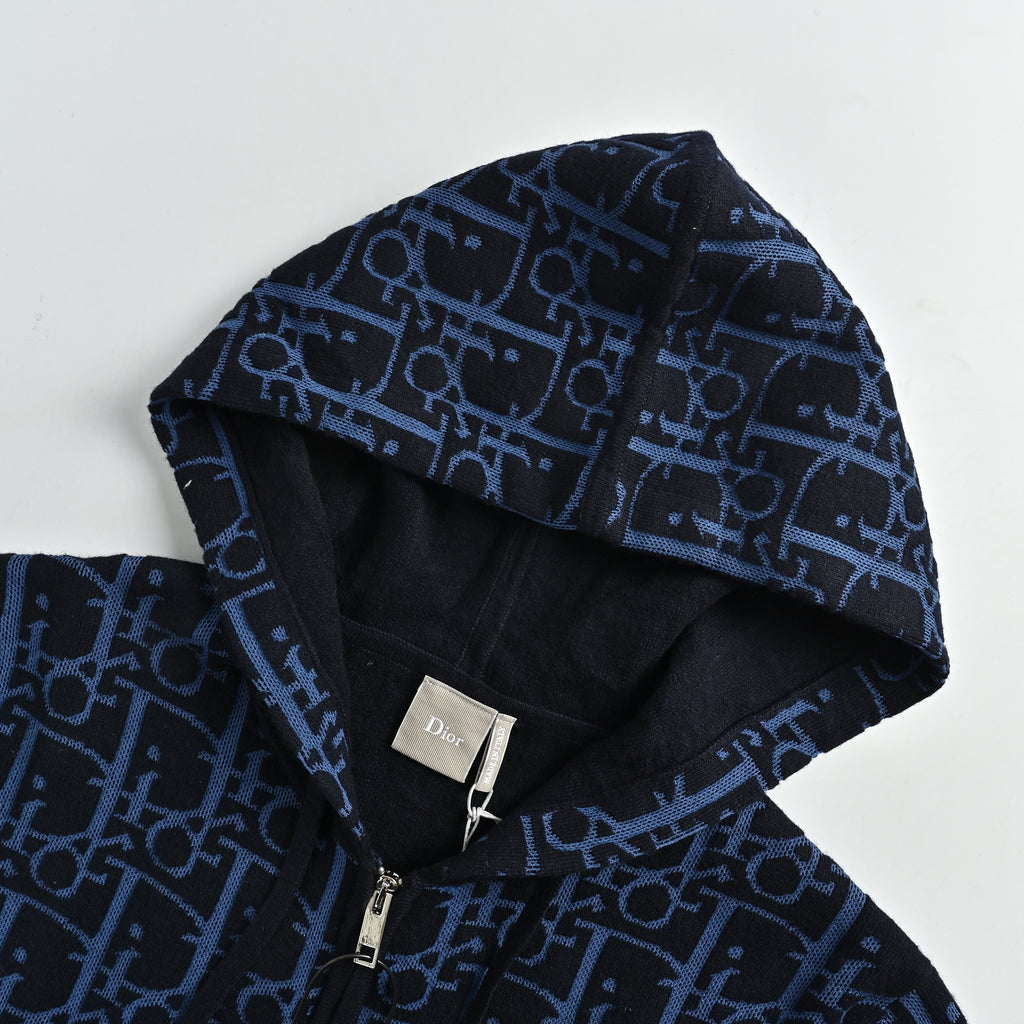 Dior 26SS Oblique Full-Coverage Jacquard Knit Zip Hoodie – Navy Blue – Unisex624G28A2E37-X5790