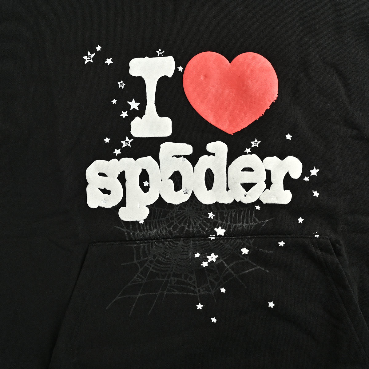 SP5DER Spider-Web ‘I ♥ Sp5der’ Puff Print Hoodie – Black – Unisex SP5LOVEBLKHD