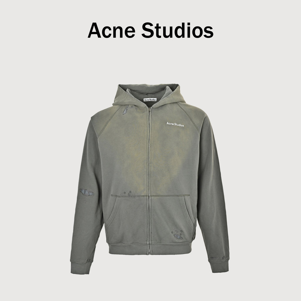 Acne Studios SS26 Mid-Summer Capsule Acid-Wash Spray-Distressed Zip Hoodie – Sage GreenCI0218-BHR