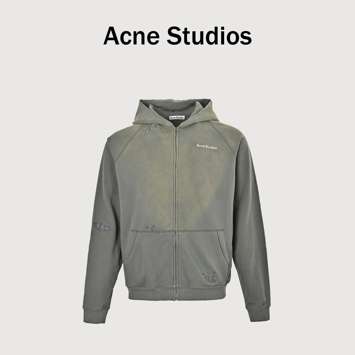 Acne Studios SS26 Mid-Summer Capsule Acid-Wash Spray-Distressed Zip Hoodie – Sage GreenCI0218-BHR