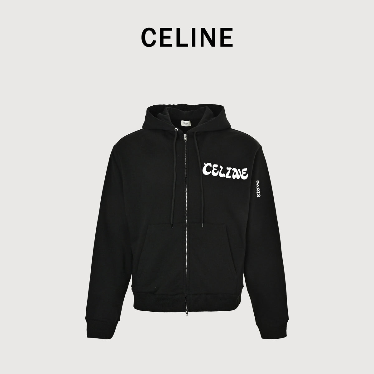 Celine SS26 Cartoon-Typeface Print Zip Hoodie – Black – Men’s RY0S5345F-38AW