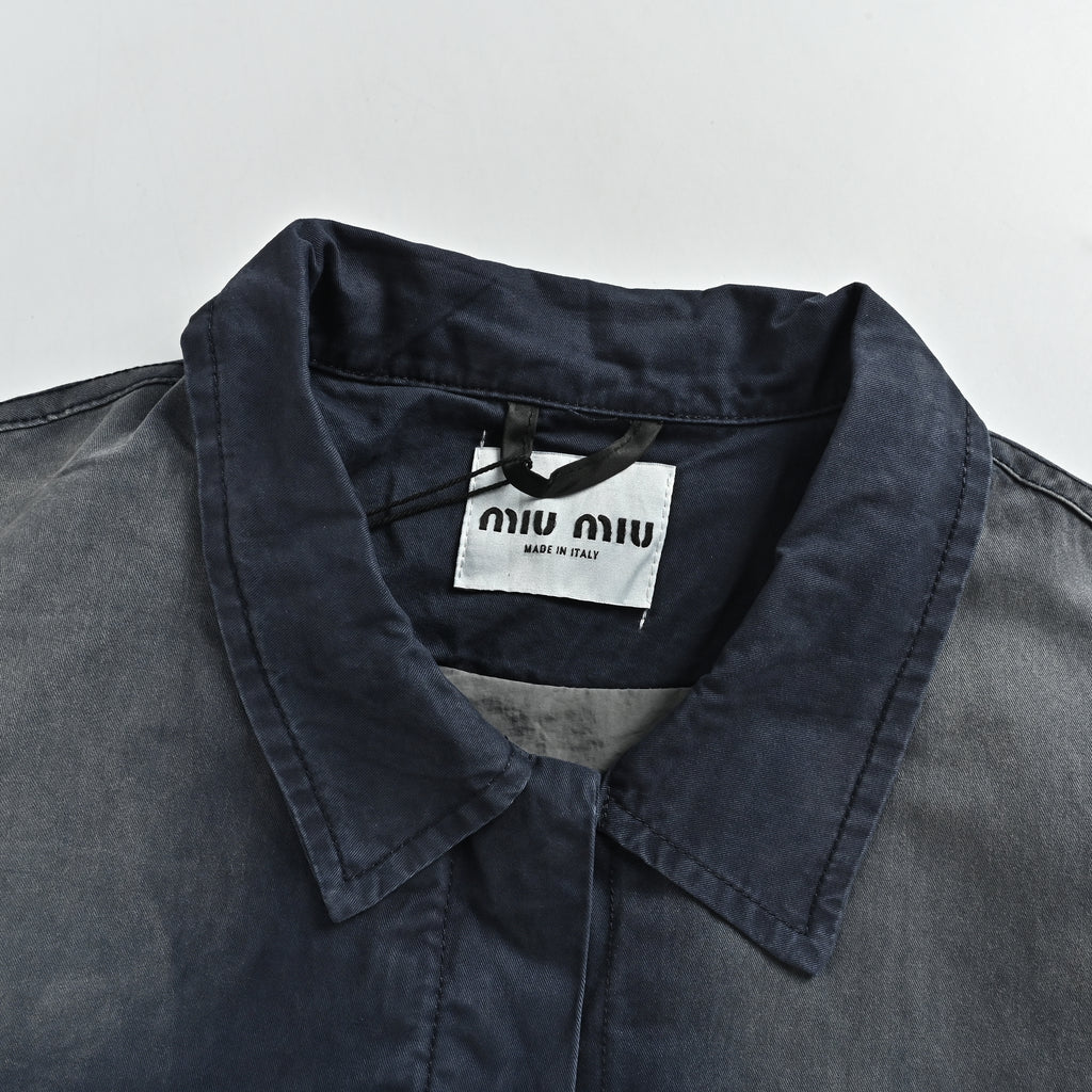 Miu Miu SS26 Gradient Stone-Wash Boxy Worker Jacket – Grey-to-Navy – Women’s ML1473-19R3-F0141-S-OOO