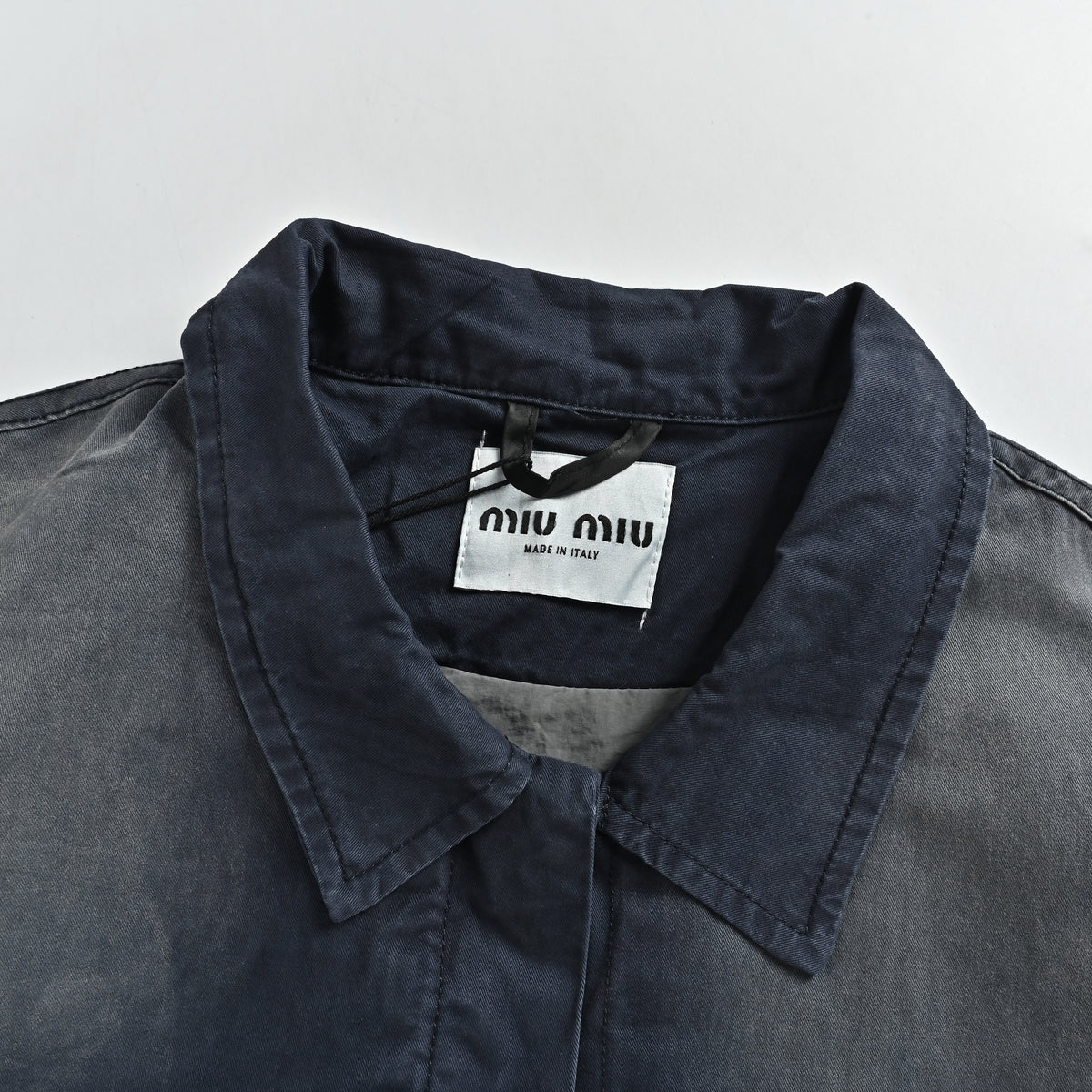Miu Miu SS26 Gradient Stone-Wash Boxy Worker Jacket – Grey-to-Navy – Women’s ML1473-19R3-F0141-S-OOO