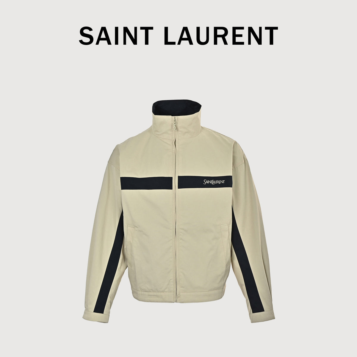 Saint Laurent FW26 Logo-Embroidered Color-Block Drop-Shoulder Jacket – Navy / Cream A006TWY6J981701