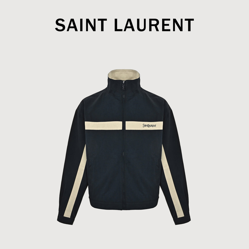 Saint Laurent FW26 Logo-Embroidered Color-Block Drop-Shoulder Jacket – Black / CreamA006TWY6J984003