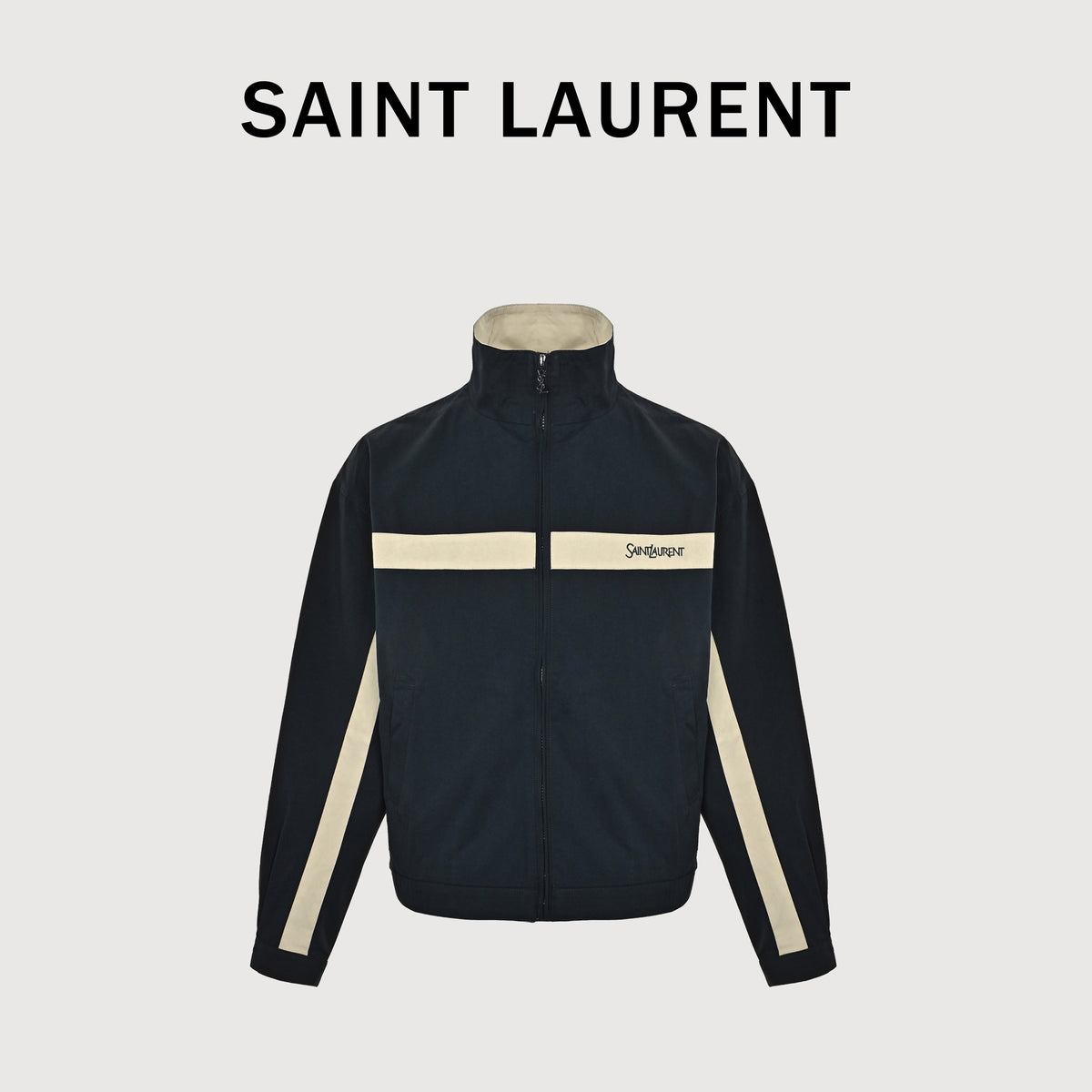 Saint Laurent FW26 Logo-Embroidered Color-Block Drop-Shoulder Jacket – Black / CreamA006TWY6J984003
