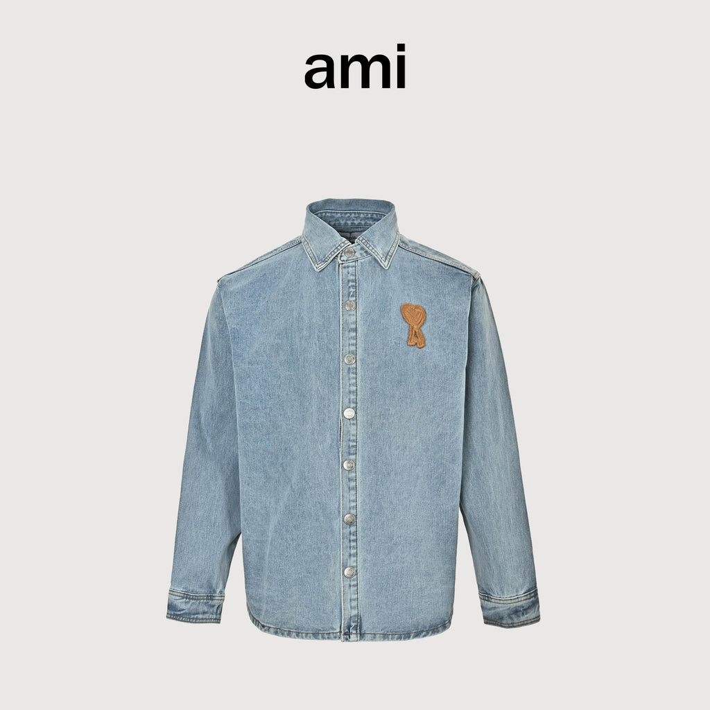 AMI Paris Heart Embroidered Vintage-Washed Denim Shirt – Unisex HH4800716