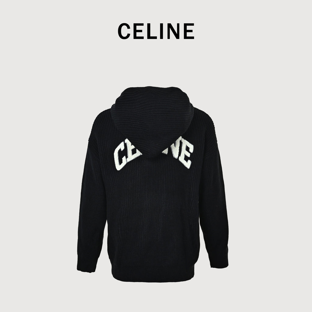 Celine FW25 Triomphe Towel-Embroidered Hooded Knit Sweater – Black RY0JF0ZTQ-38NO