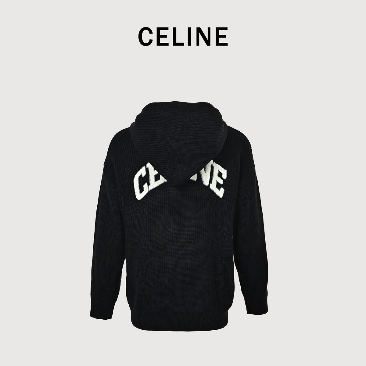 Celine FW25 Triomphe Towel-Embroidered Hooded Knit Sweater – Black RY0JF0ZTQ-38NO