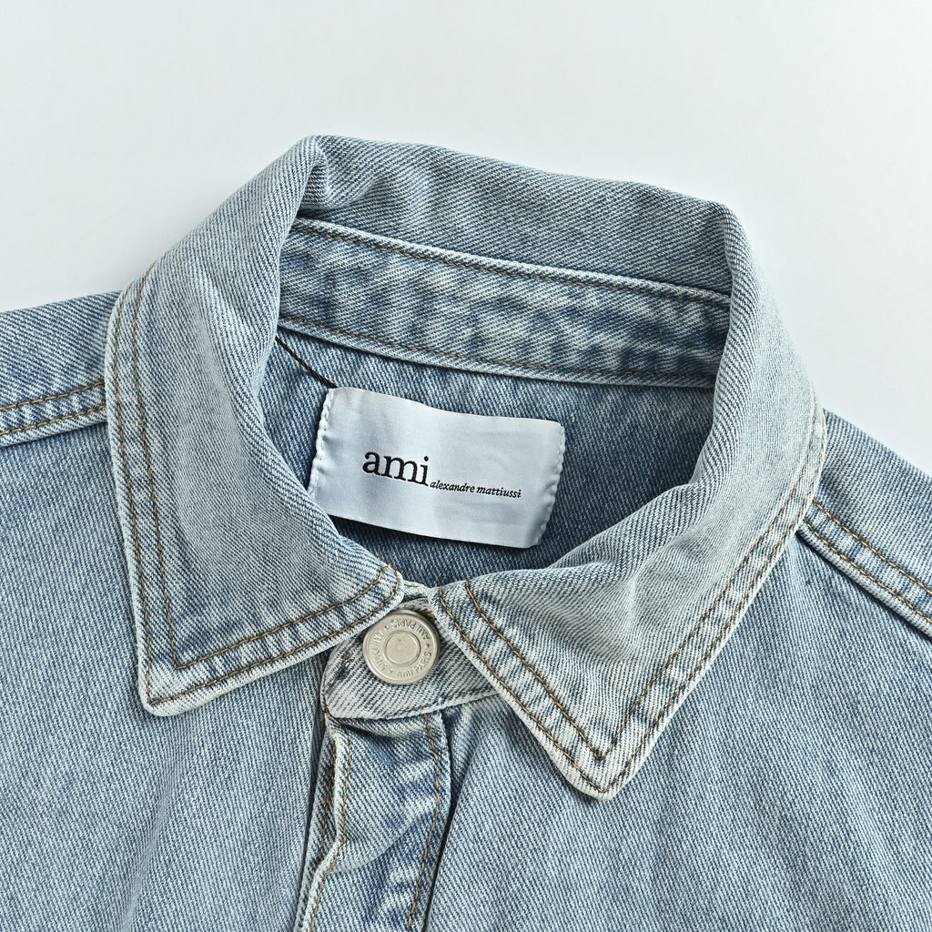 AMI Paris Heart Embroidered Vintage-Washed Denim Shirt – Unisex HH4800716