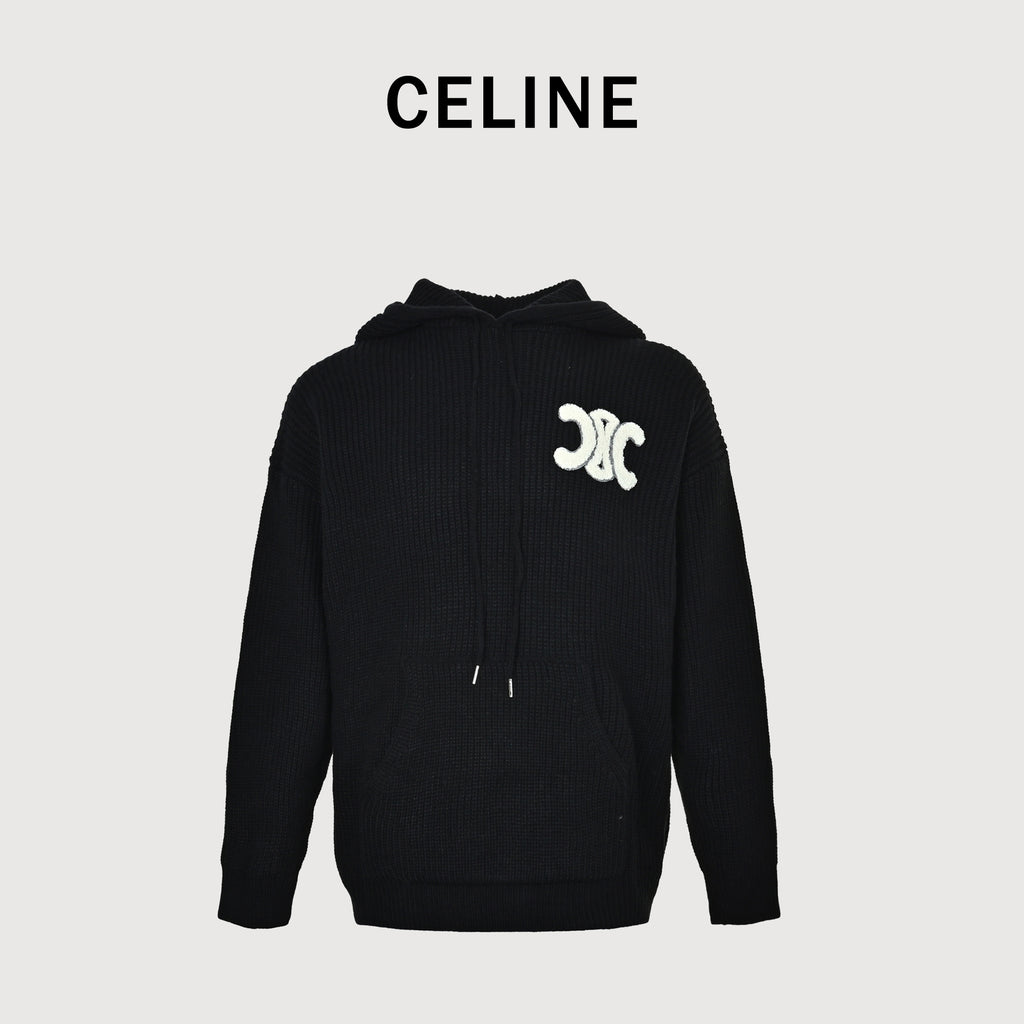 Celine FW25 Triomphe Towel-Embroidered Hooded Knit Sweater – Black RY0JF0ZTQ-38NO