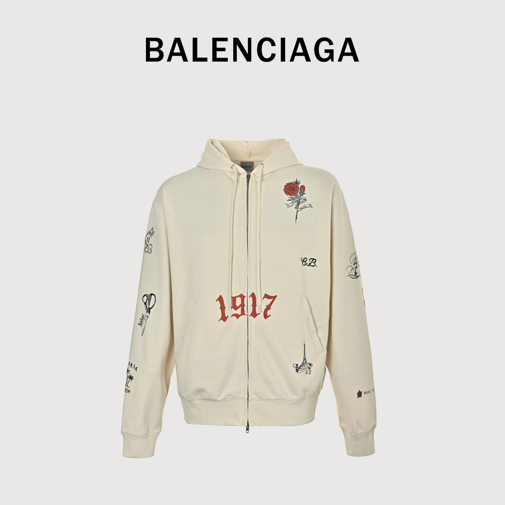Balenciaga BLCG Tattoo-Print Enzyme-Washed Pullover Hoodie – Black – Men’s850338TUVJ39020