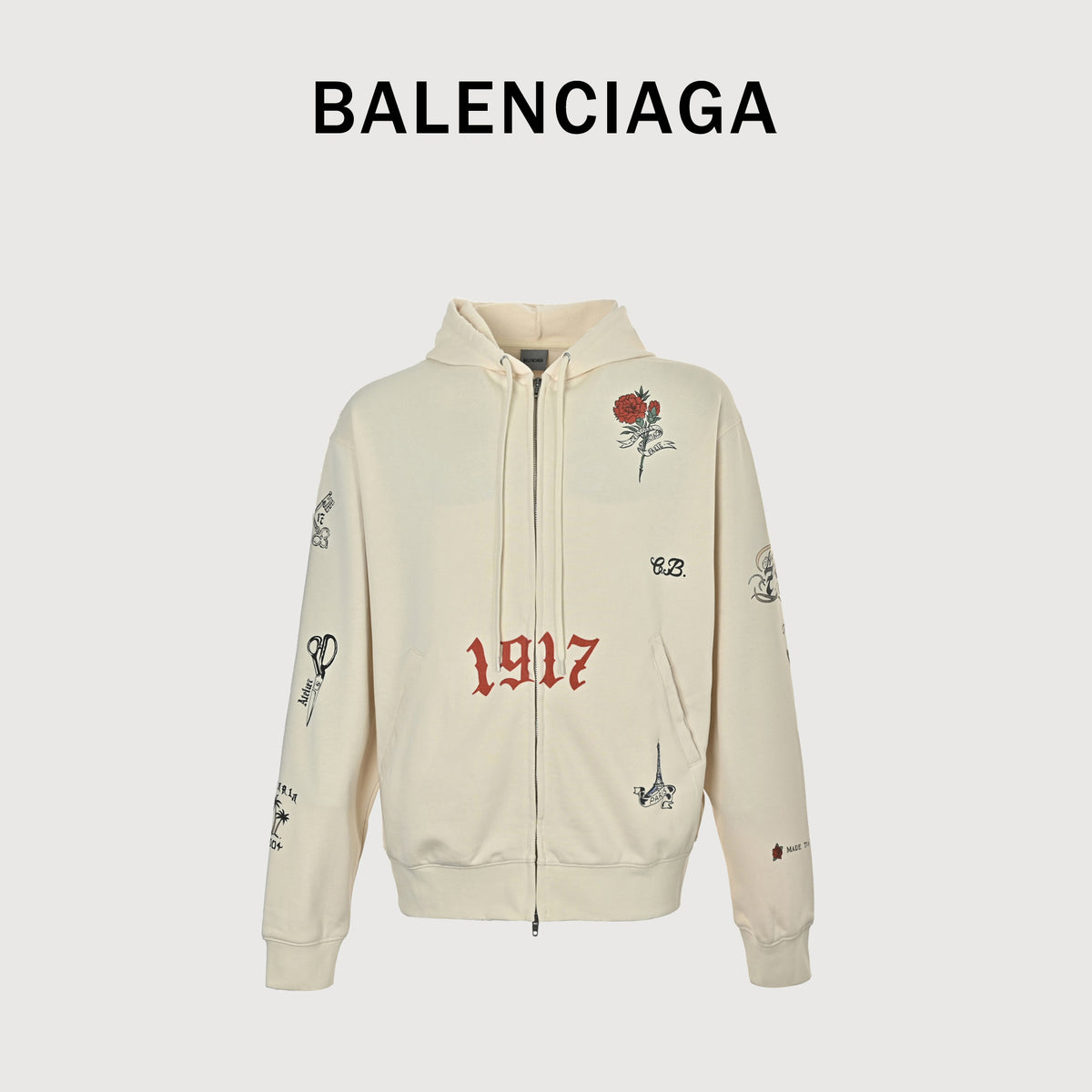 Balenciaga BLCG Tattoo-Print Enzyme-Washed Pullover Hoodie – Black – Men’s850338TUVJ39020