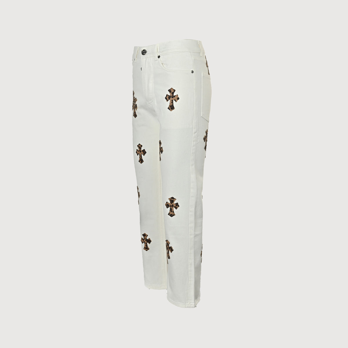 Chrome Hearts Couture Cross Leather Appliqué Washed Denim Jeans –olean Unisex  XM5600824