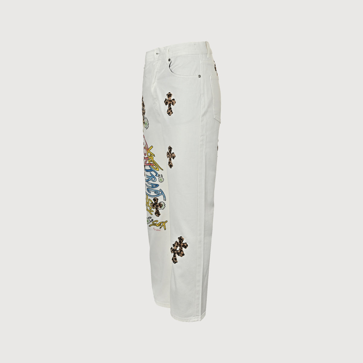 Chrome Hearts Couture Cross Leather Appliqué Graffiti Washed Denim Jeans – Unisex  XM5600824-GRF