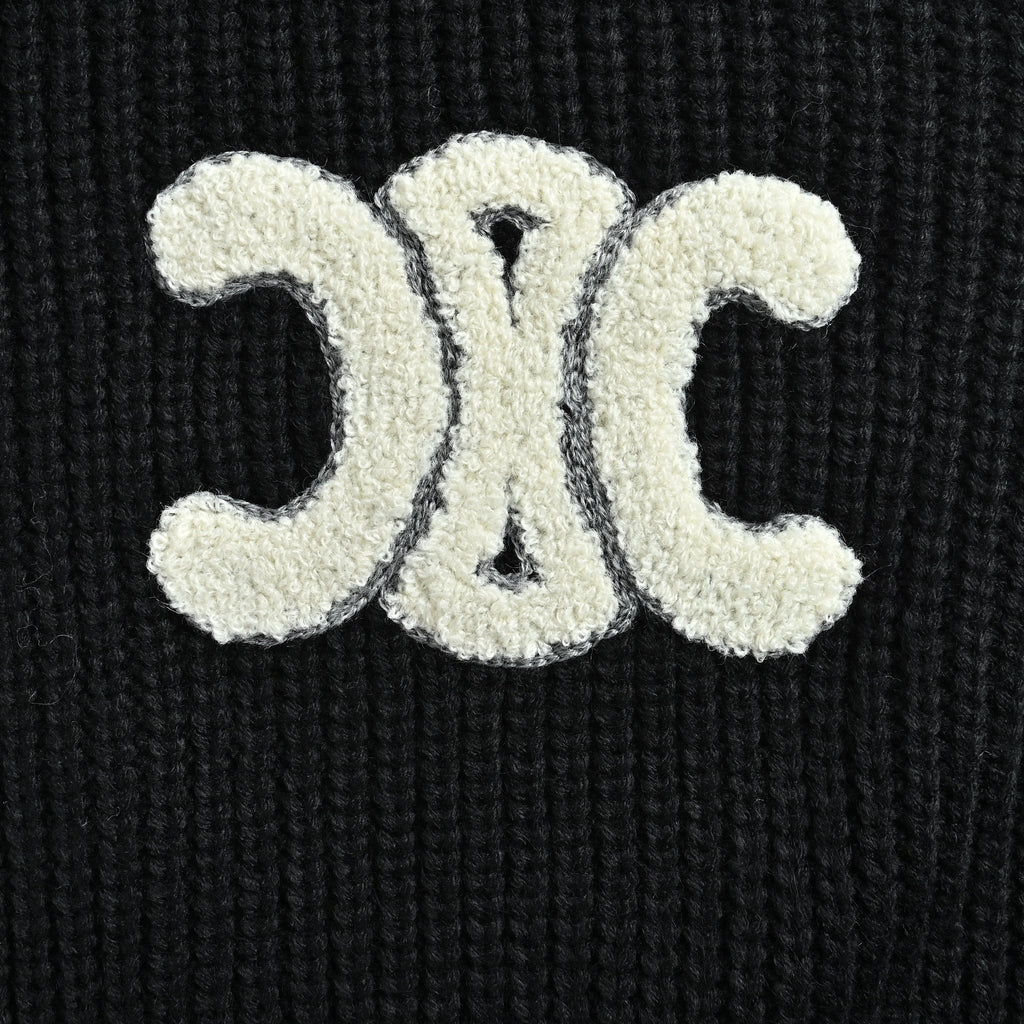 Celine FW25 Triomphe Towel-Embroidered Hooded Knit Sweater – Black RY0JF0ZTQ-38NO