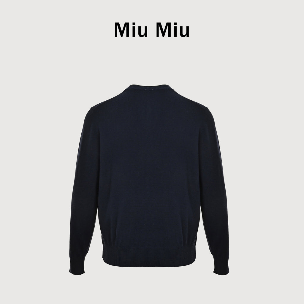 Miu Miu Pearl-Button Relaxed Long-Sleeve Wool-Cashmere-Silk Knit – Navy – Women’sMML07M-6061-F0UXL-S-OOO