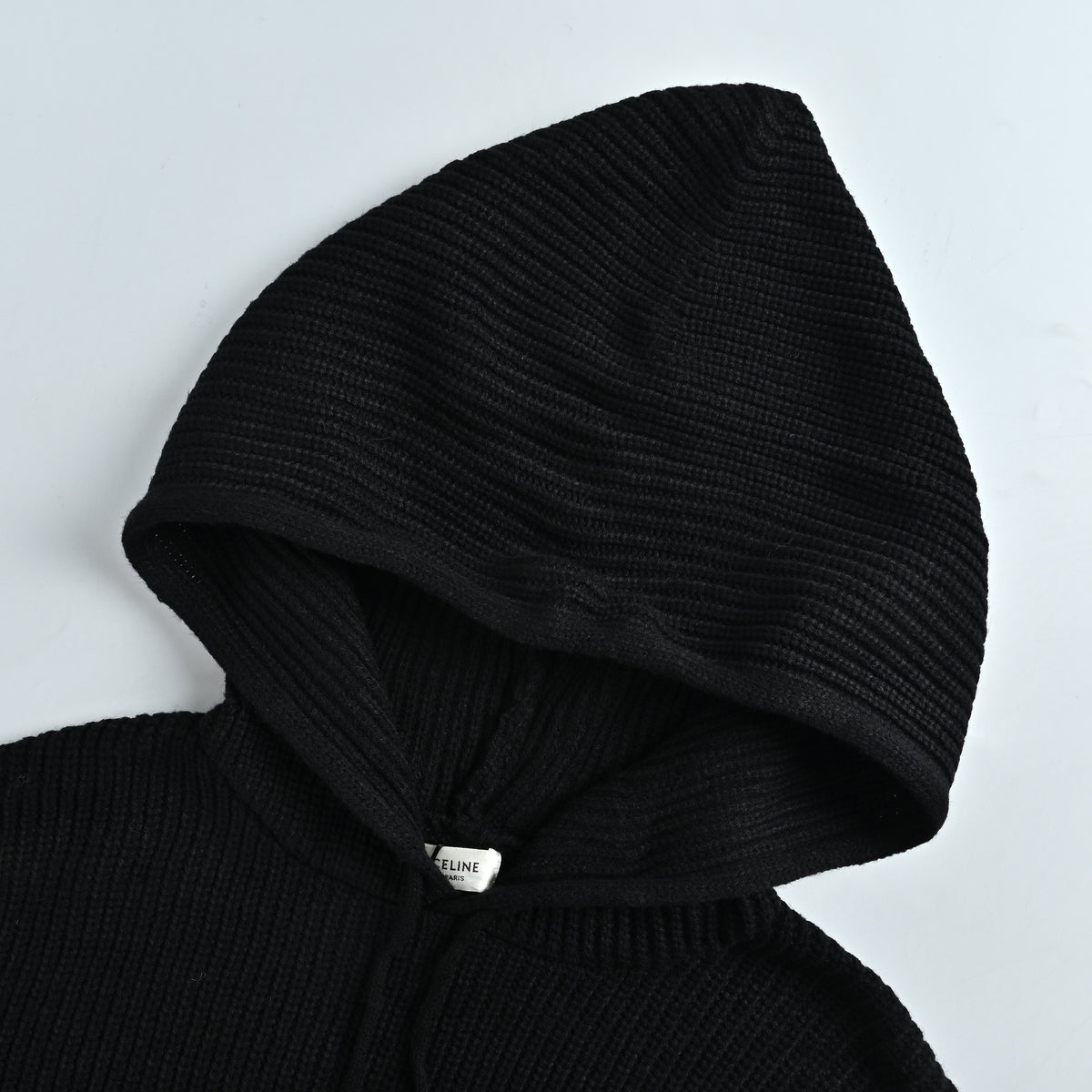 Celine FW25 Triomphe Towel-Embroidered Hooded Knit Sweater – Black RY0JF0ZTQ-38NO