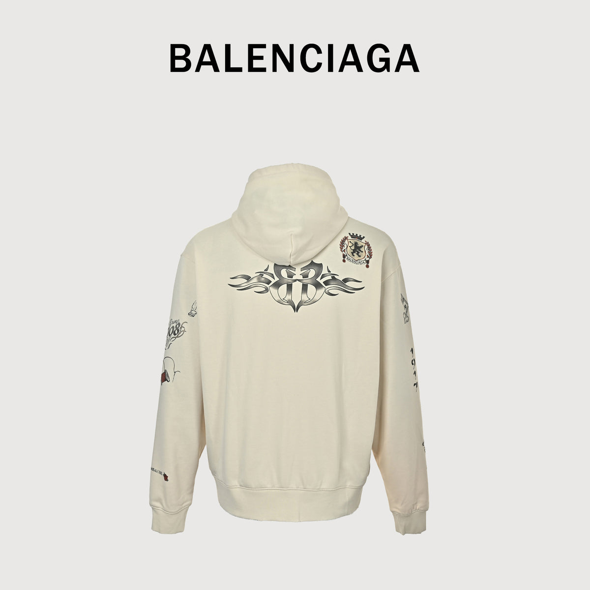 Balenciaga BLCG Tattoo-Print Enzyme-Washed Pullover Hoodie – Black – Men’s850338TUVJ39020