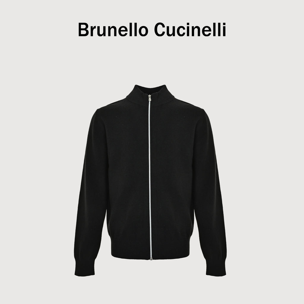 Brunello Cucinelli 100% Cashmere Zip Stand-Collar Cardigan – Black M2200106CH101