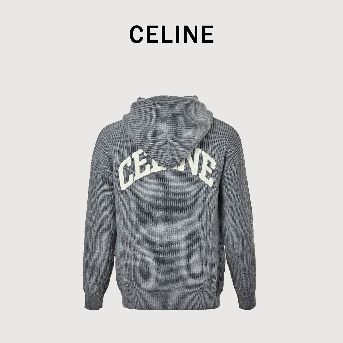 Celine FW25 Triomphe Towel-Embroidered Hooded Knit Sweater – Grey RY0FV0ZTQ-08GC