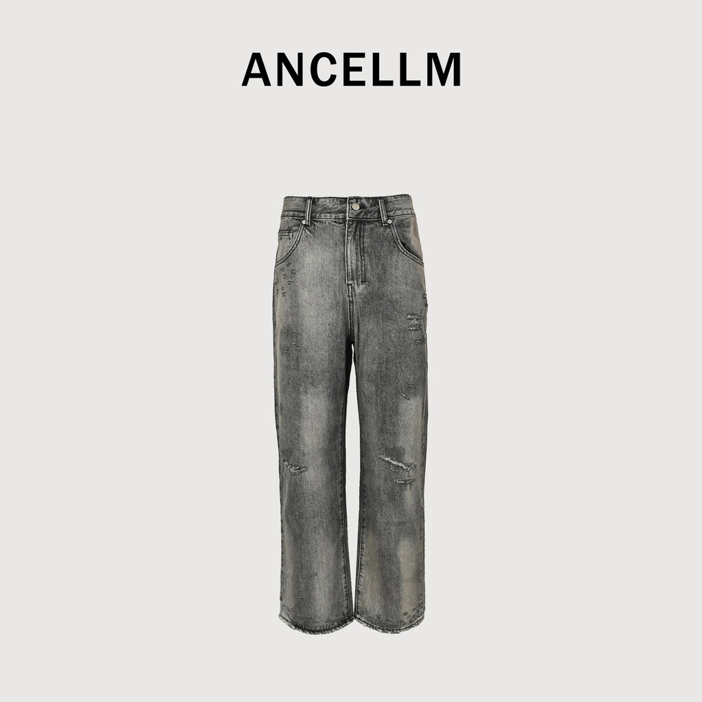 Ancellm 2025 Heavy Stone-Wash Distressed Tapered Denim – Washed Grey SG6400911