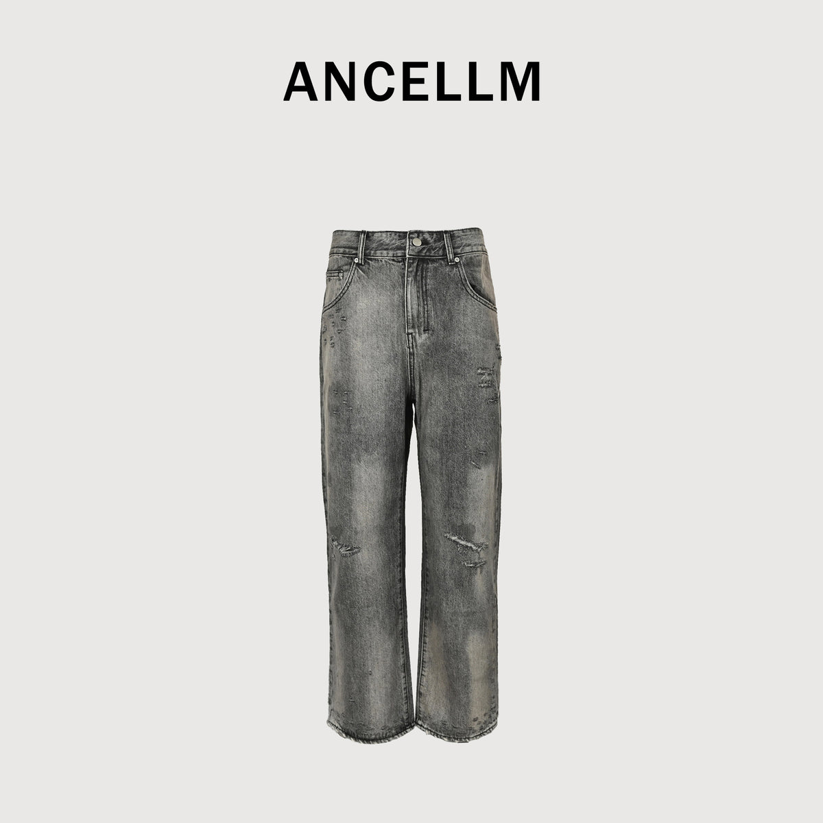 Ancellm 2025 Heavy Stone-Wash Distressed Tapered Denim – Washed Grey SG6400911