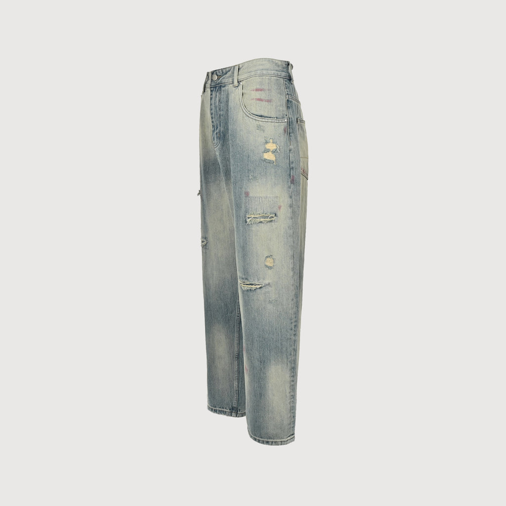 ANCELLM 25SS Destroyed Patch Tapered Denim Jeans – Unisex SG6400317