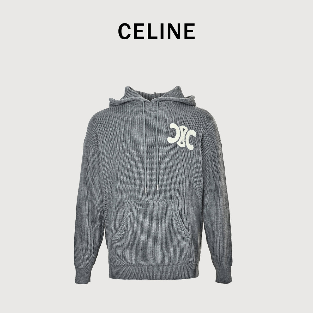 Celine FW25 Triomphe Towel-Embroidered Hooded Knit Sweater – Grey RY0FV0ZTQ-08GC