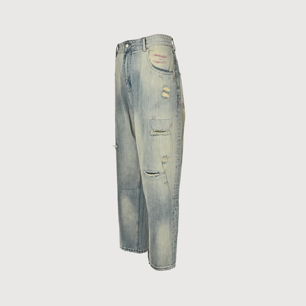 Ancellm SS25 Destroy-and-Patch Tapered Denim – Rust-Wash Blue SG6400911