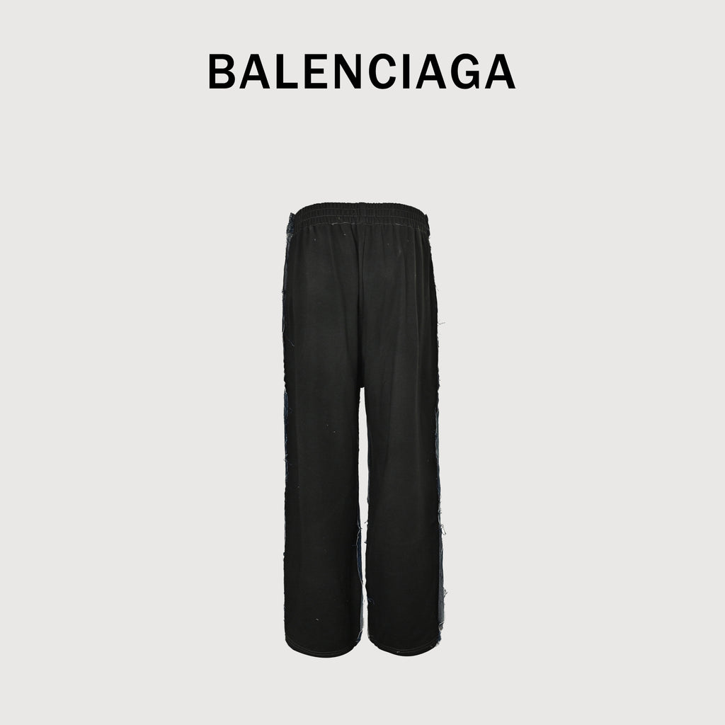 Balenciaga SS24 Letter-Print Spliced Denim & Fleece Wide-Leg Jeans – Washed Indigo / Black – Unisex 783697THW254245