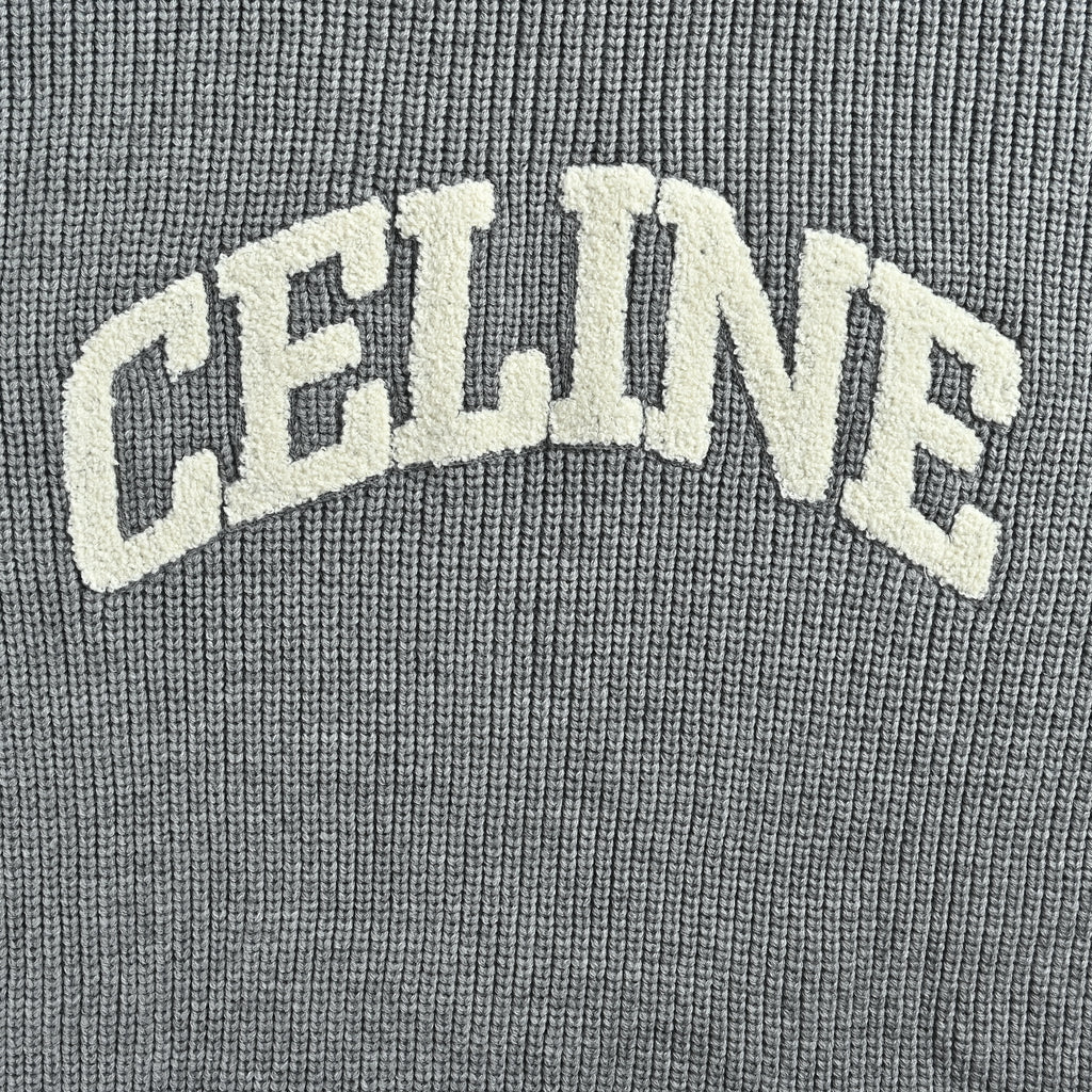 Celine FW25 Triomphe Towel-Embroidered Hooded Knit Sweater – Grey RY0FV0ZTQ-08GC