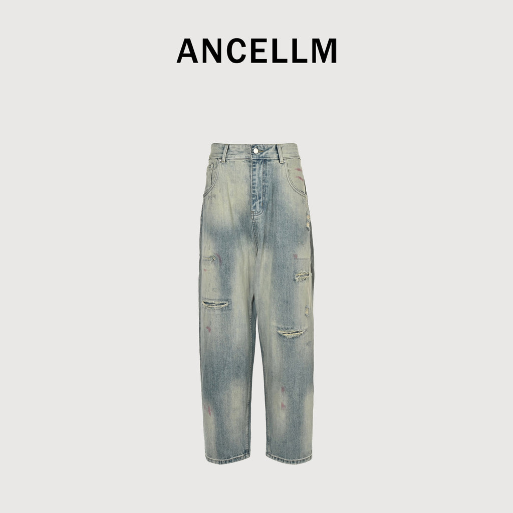 ANCELLM 25SS Destroyed Patch Tapered Denim Jeans – Unisex SG6400317